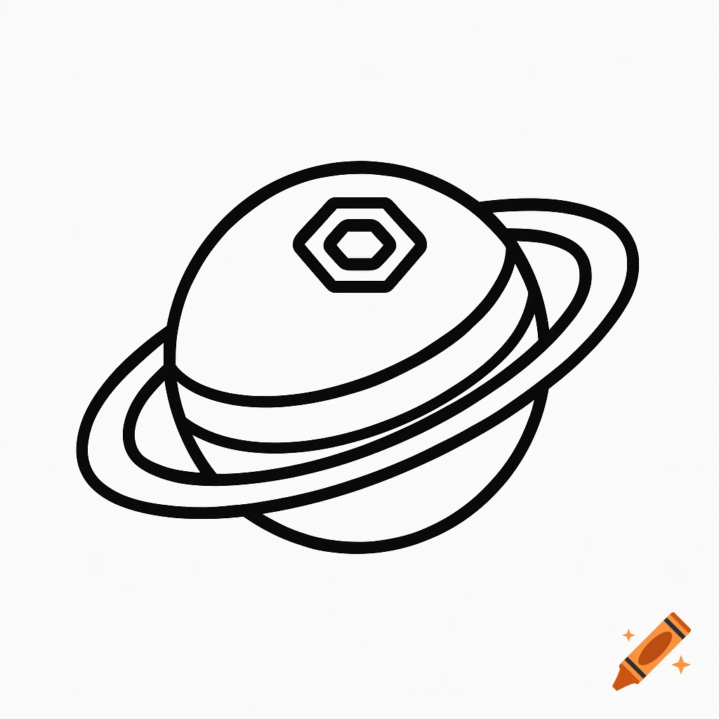 Line art icon of the planet Saturn with its rings, showing the hexagon on its north pole, on a white background.