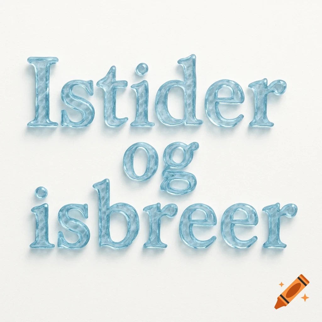 The words 'Istider og isbreer' in textured blue ice letters on a white background.