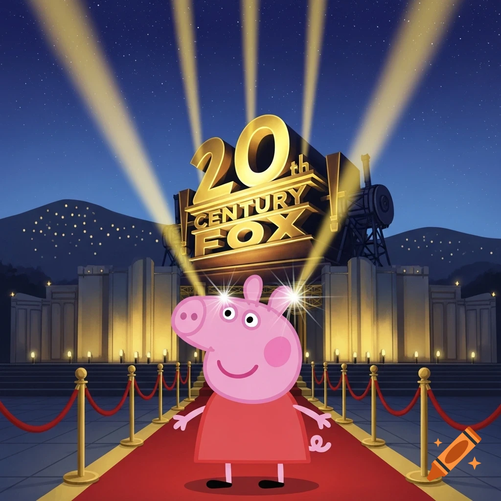 Peppa Pig smiles on a red carpet in front of a brightly lit 20th Century Fox logo with searchlights in a cartoon style.