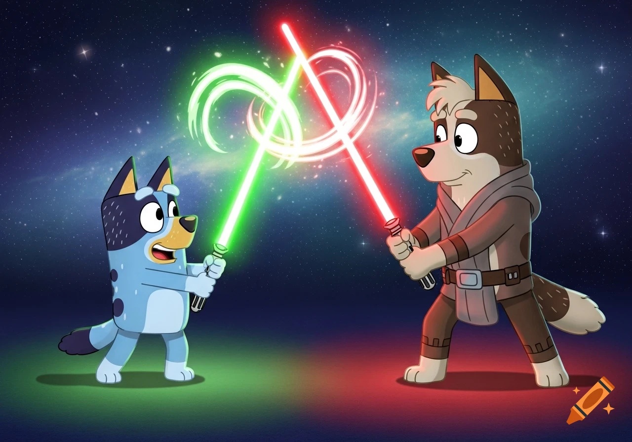 Bluey and Bandit Heeler, cartoon dogs, duel with green and red lightsabers in space.