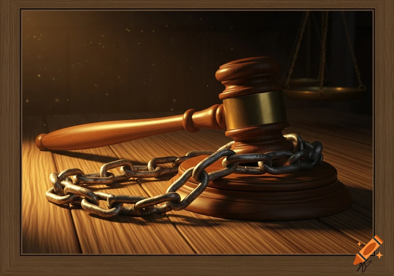 A wooden gavel entangled in a metal chain on a wooden table, with scales of justice in a dimly lit background. Photorealistic style.