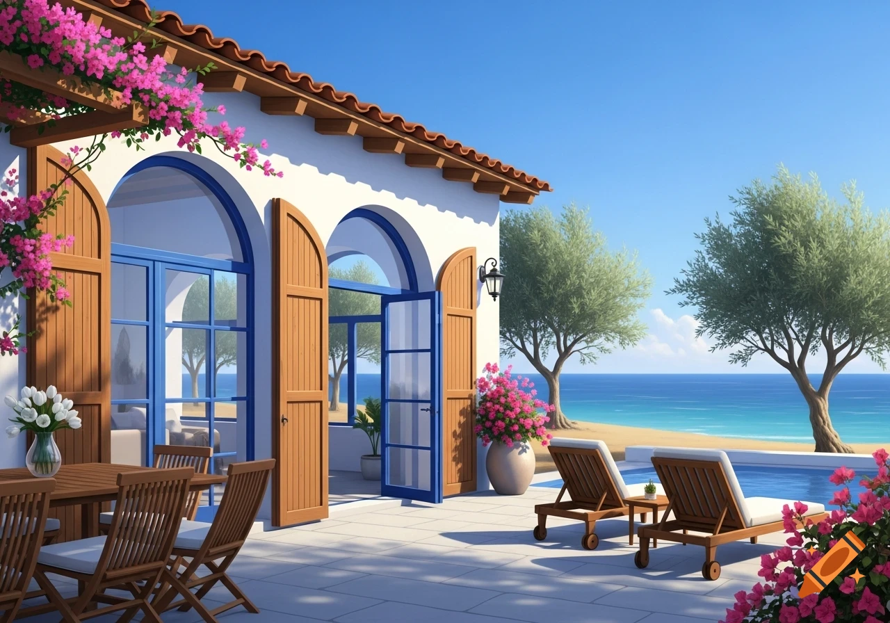 Mediterranean house with a patio, pool, and ocean view under a clear blue sky, adorned with pink bougainvillea.
