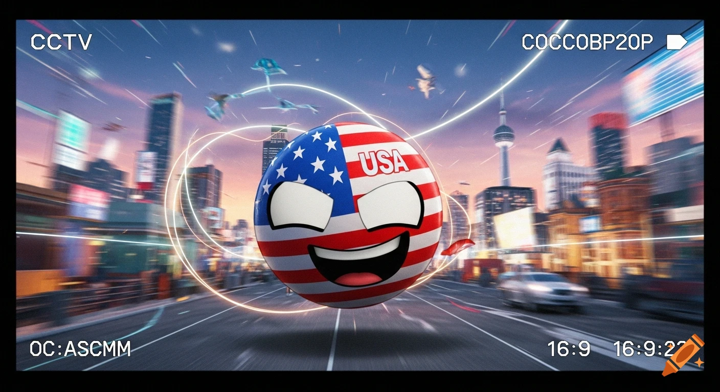 An enthusiastic USA countryball with a wide smile floats above a busy city street, captured in CCTV footage with motion blur.