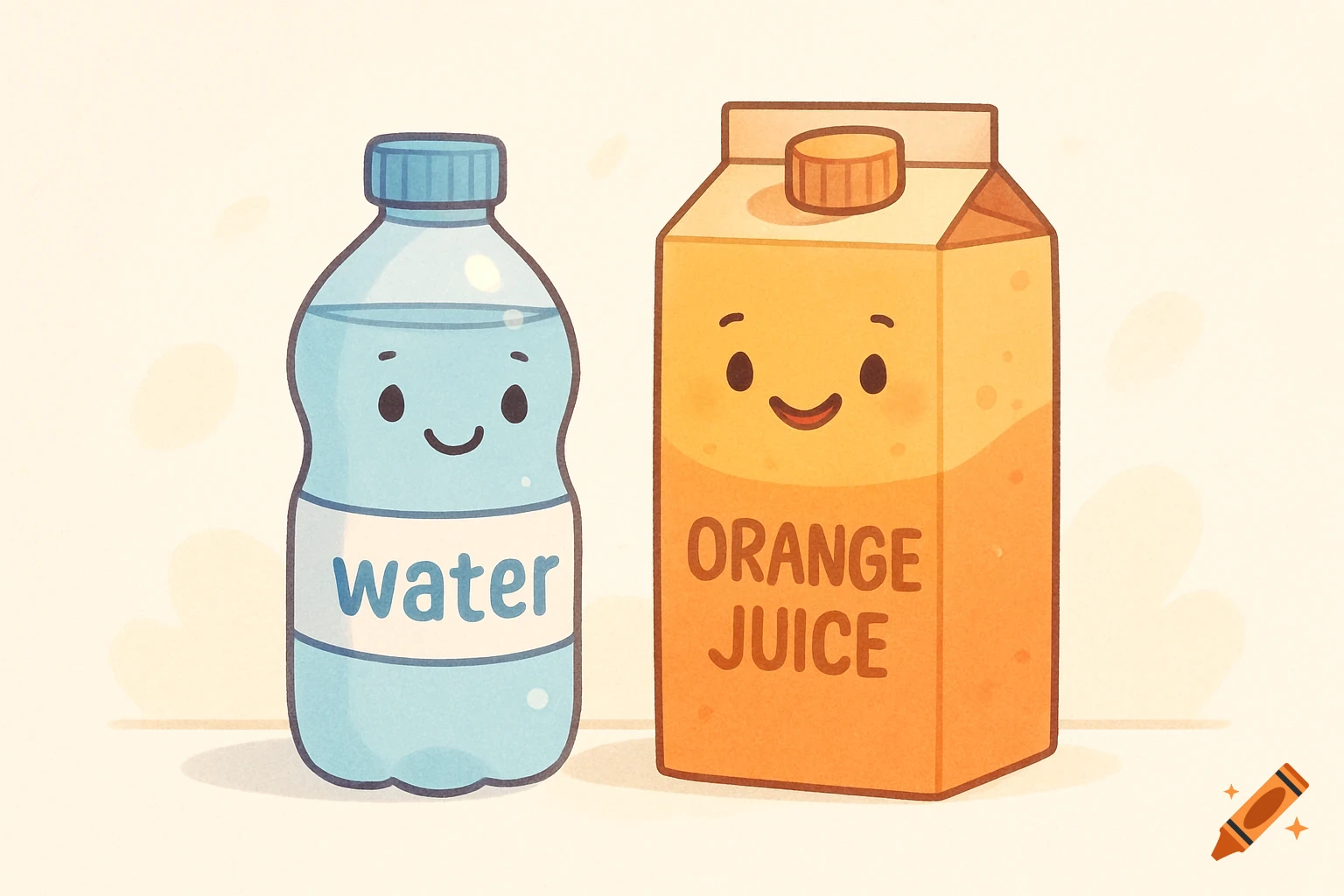 A cute cartoon water bottle with a 'water' label and an orange juice carton with 'ORANGE JUICE' text, both smiling on a light background.
