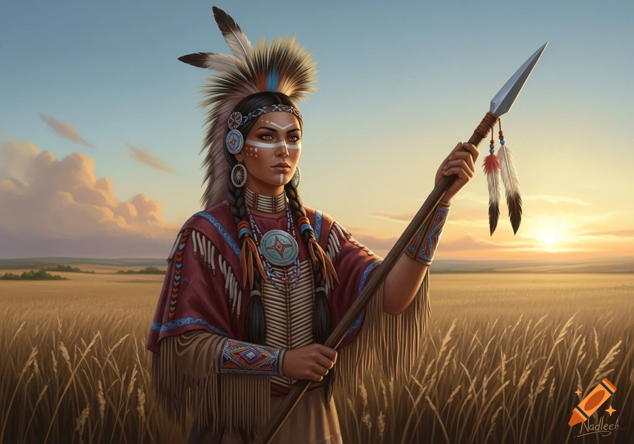 A woman in traditional indigenous attire and feathered headdress stands in a golden prairie field at sunset, holding a spear.