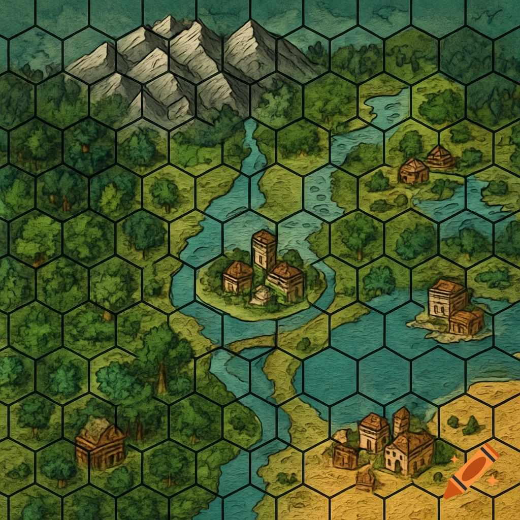 A colorful, illustrated Dungeons & Dragons hex map with mountains, forests, rivers, small settlements, and a desert biome.