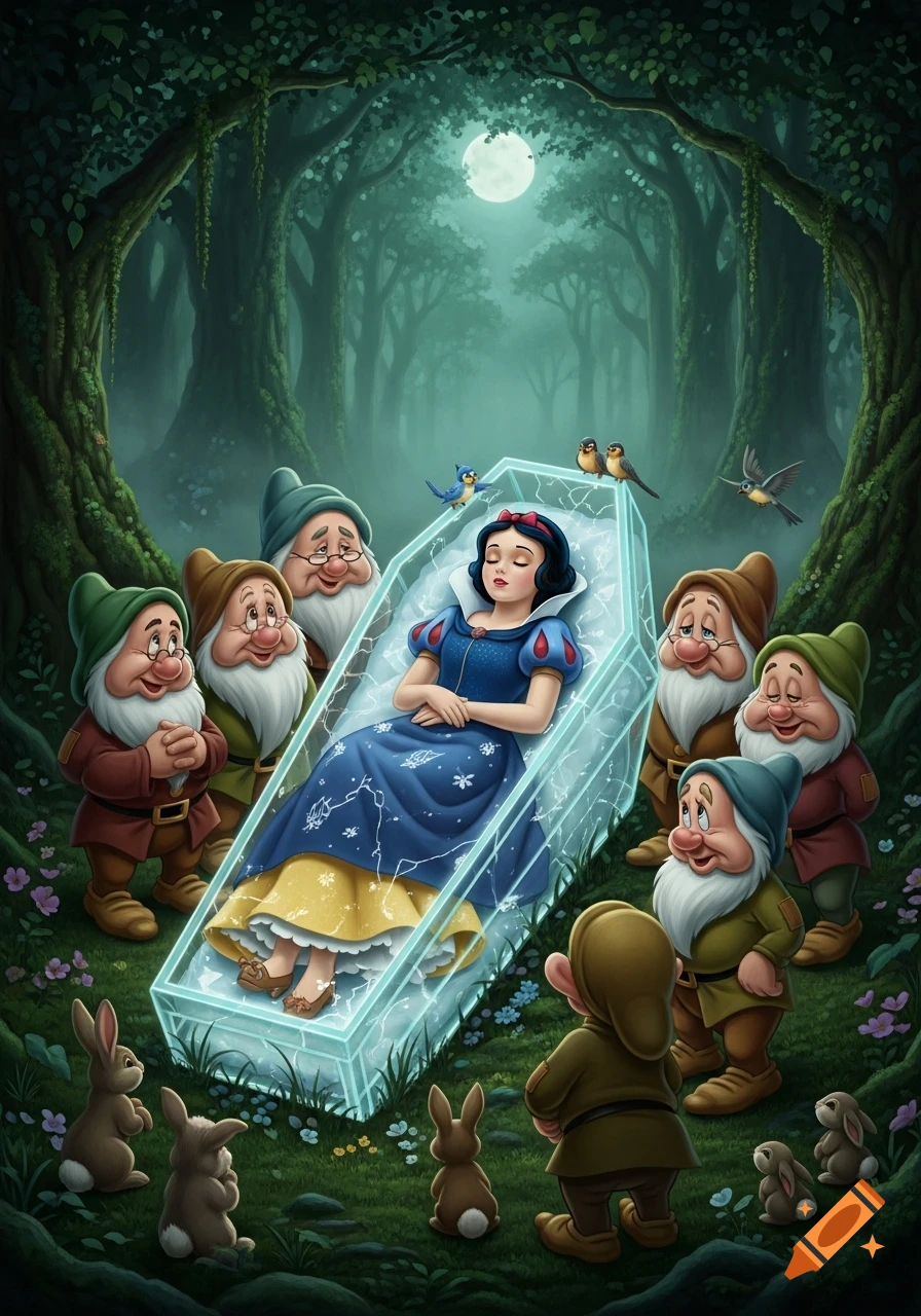 An illustration of Snow White in a glowing glass coffin surrounded by the seven dwarfs, rabbits, and birds in a dark magical forest under a full moon.