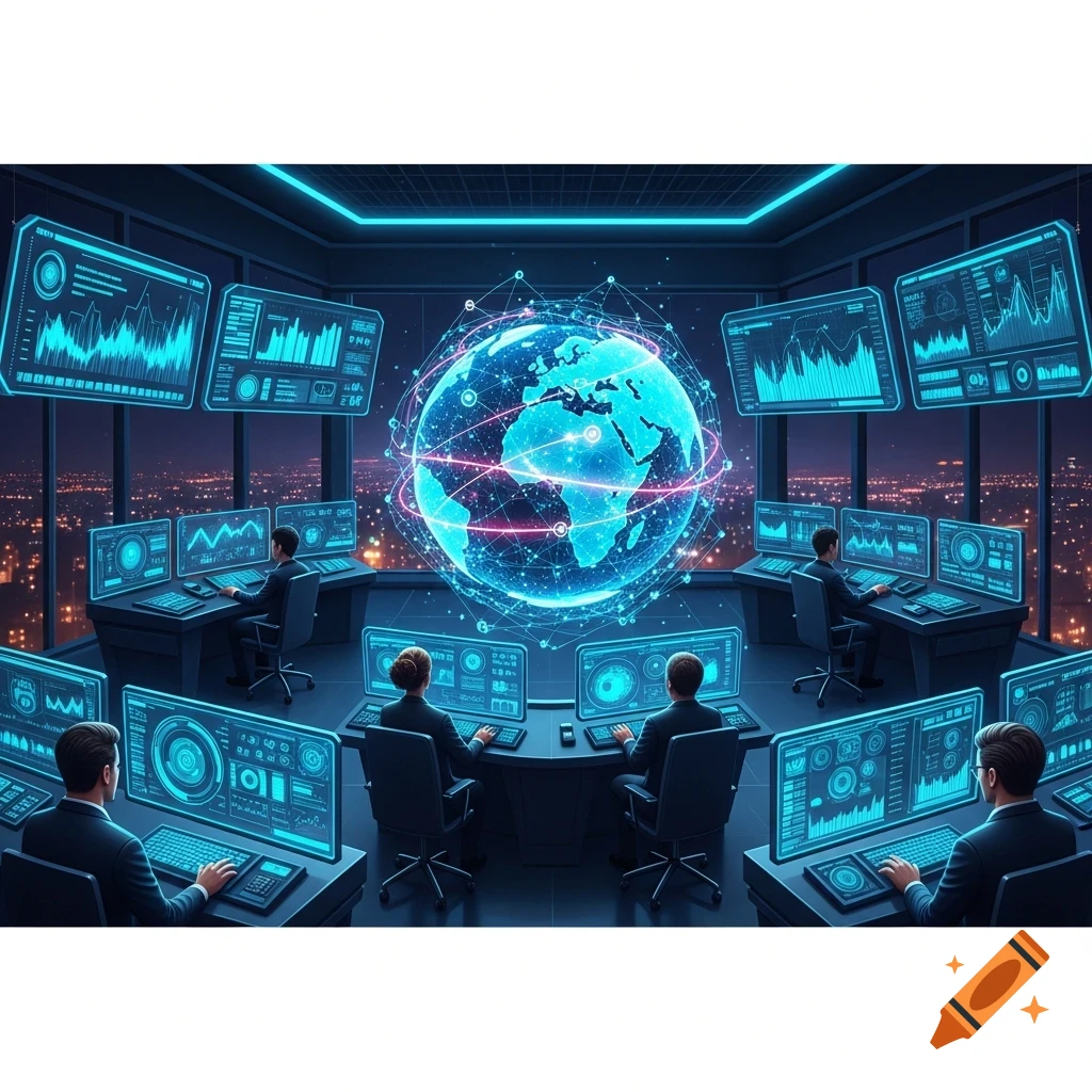 A futuristic control room with operators monitoring glowing data screens and a large holographic globe over a city at night.