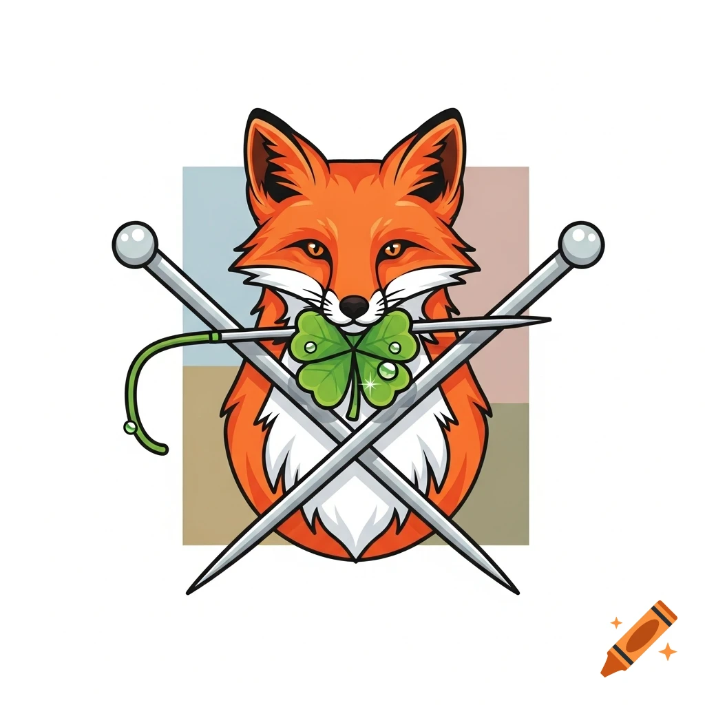 Stylized orange fox head holding a green four-leaf clover in its mouth, with two silver knitting needles crossed behind it, icon graphic.