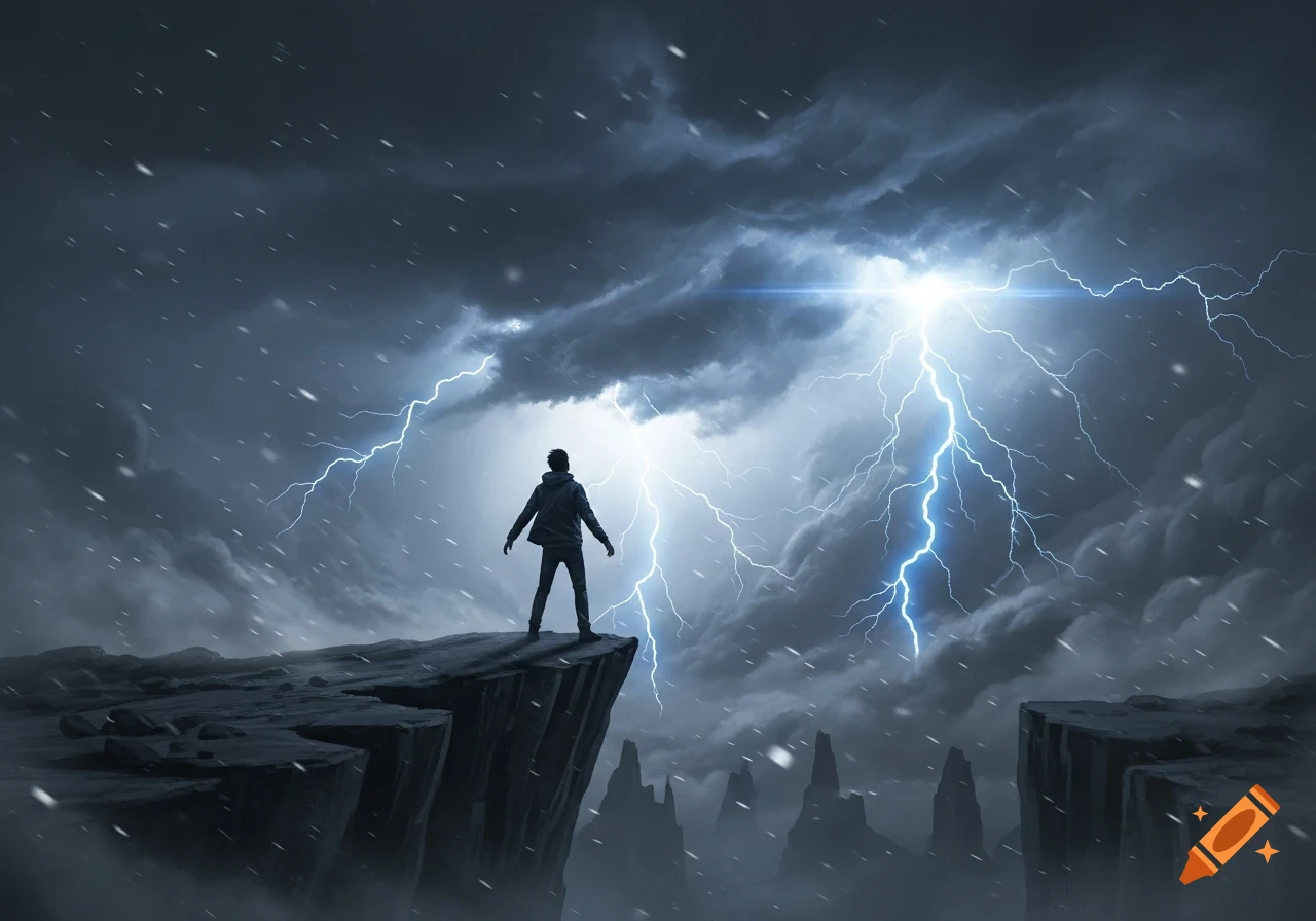 A man stands on a cliff edge, looking up at a dramatic storm with striking lightning in a dark, atmospheric setting.
