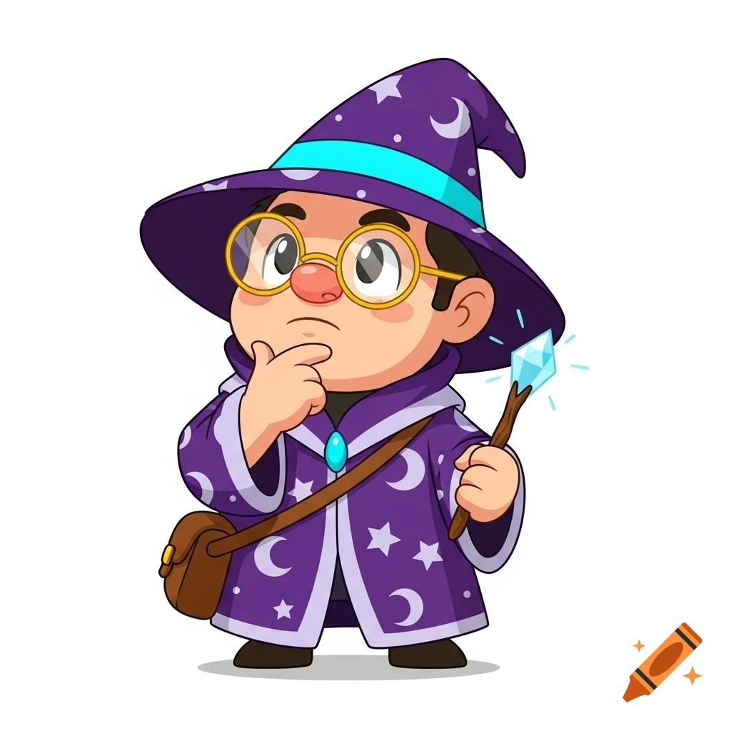 Cartoon wizard mascot in a purple robe and pointed hat, wearing round glasses and holding a crystal wand, in a thoughtful pose.