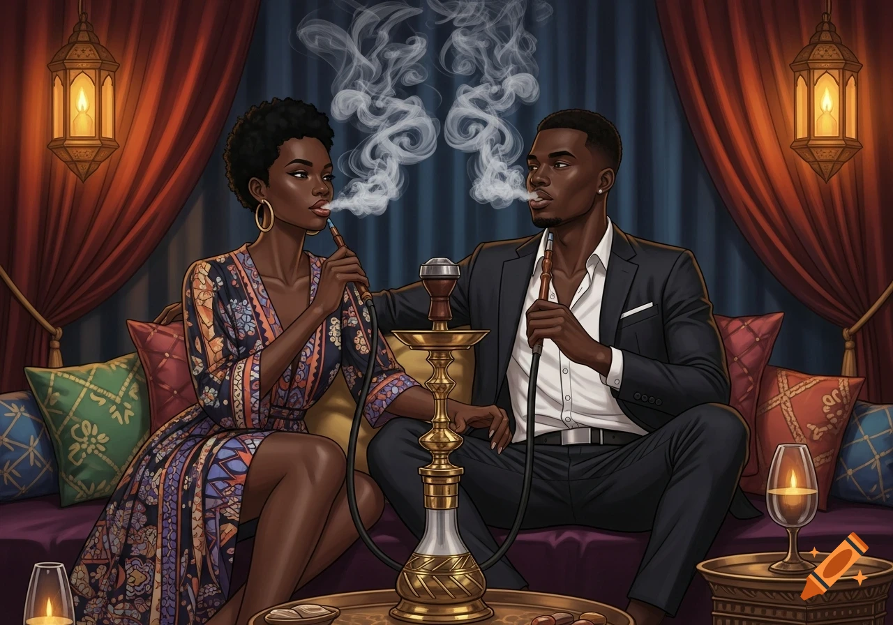Illustration of a Black woman and man in an opulent lounge, sharing a gold hookah amidst rich fabrics and lanterns.