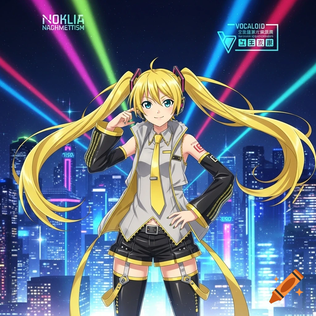 A blonde anime girl with pigtails stands before a futuristic city skyline with colorful laser lights.