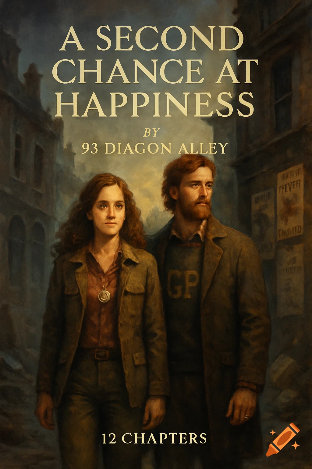 A painterly illustration of Hermione Granger and Gideon Prewett on a dark, magical London street, designed as a book cover titled "A Second Chance at Happiness".