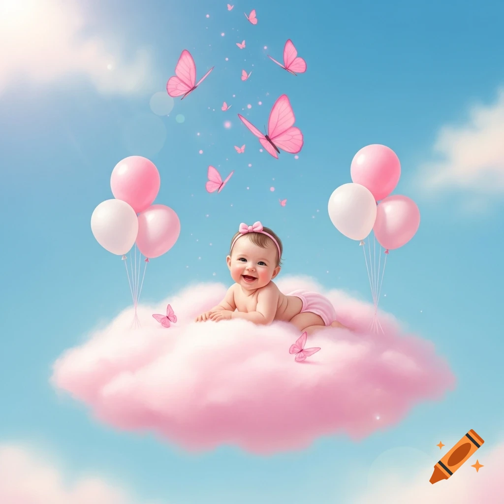 A smiling baby girl with a pink bow headband lies on a fluffy pink cloud, surrounded by pink and white balloons and numerous pink butterflies in a bright blue sky.