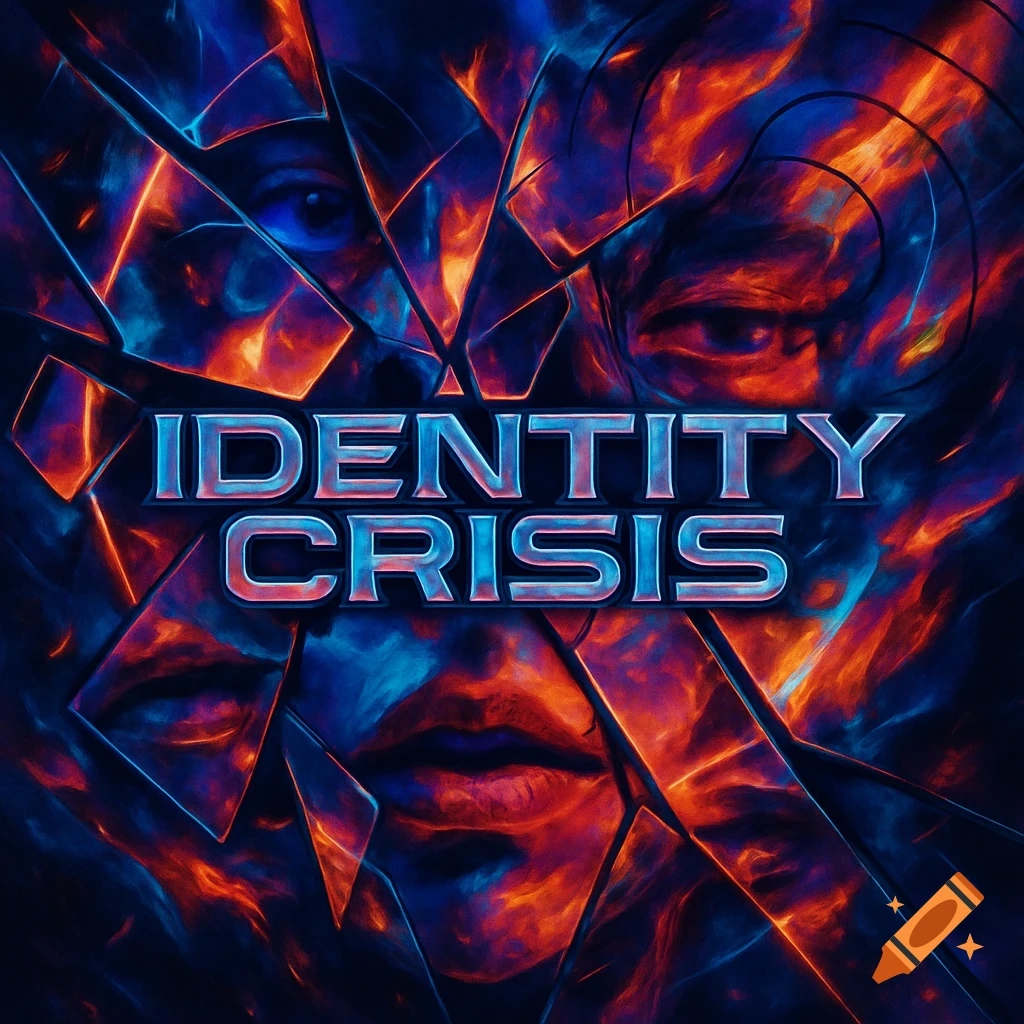 A fractured face in blue and orange fiery tones with the text 'IDENTITY CRISIS' forming an album cover.