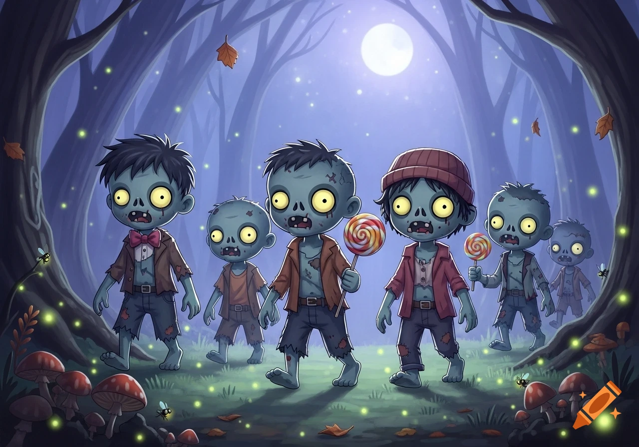 Cute cartoon zombies walk through a magical, moonlit forest with fireflies and mushrooms. Some zombies hold lollipops.