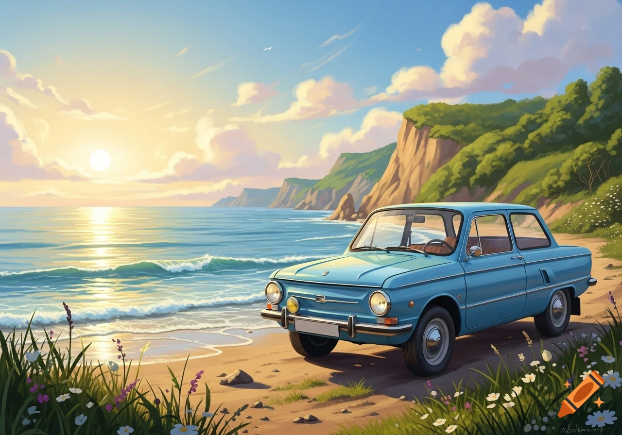 A blue vintage car on a sandy beach at sunset, with ocean waves and green cliffs in the background, in an illustrative style.