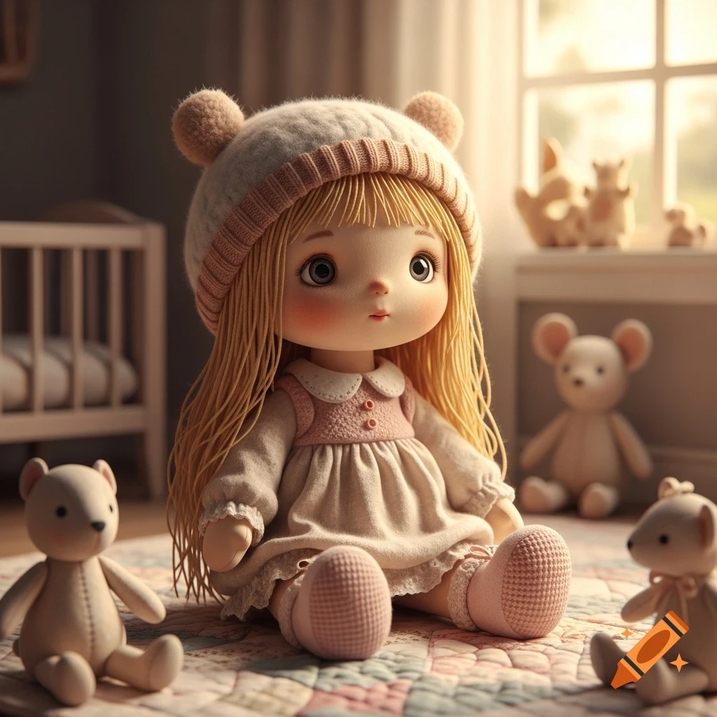 A blonde plush doll wearing a bear hat sits on a quilt with other stuffed animals in a nursery.
