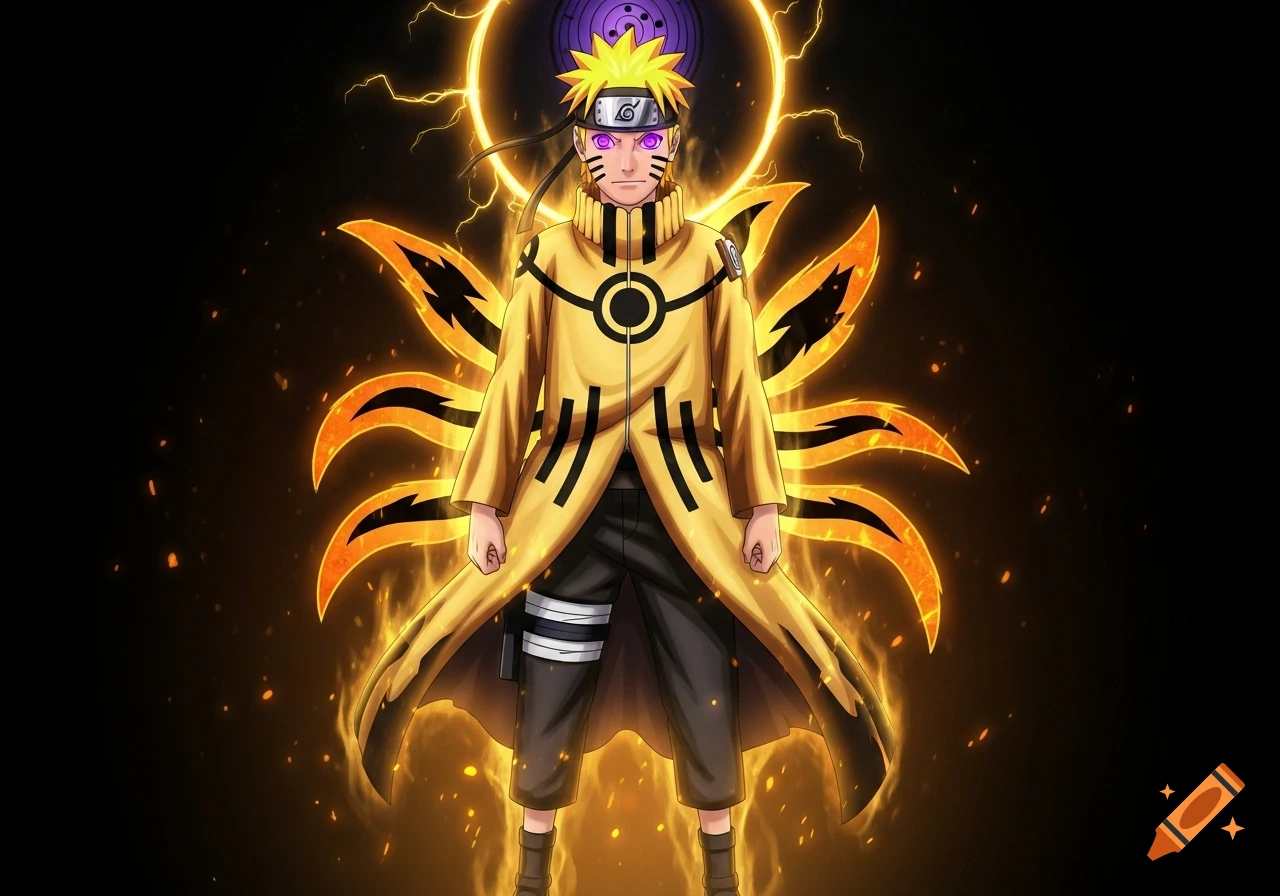 A full-body anime illustration of Naruto in his Bijuu Mode with glowing orange aura and purple Rinnegan eyes, standing against a dark background.