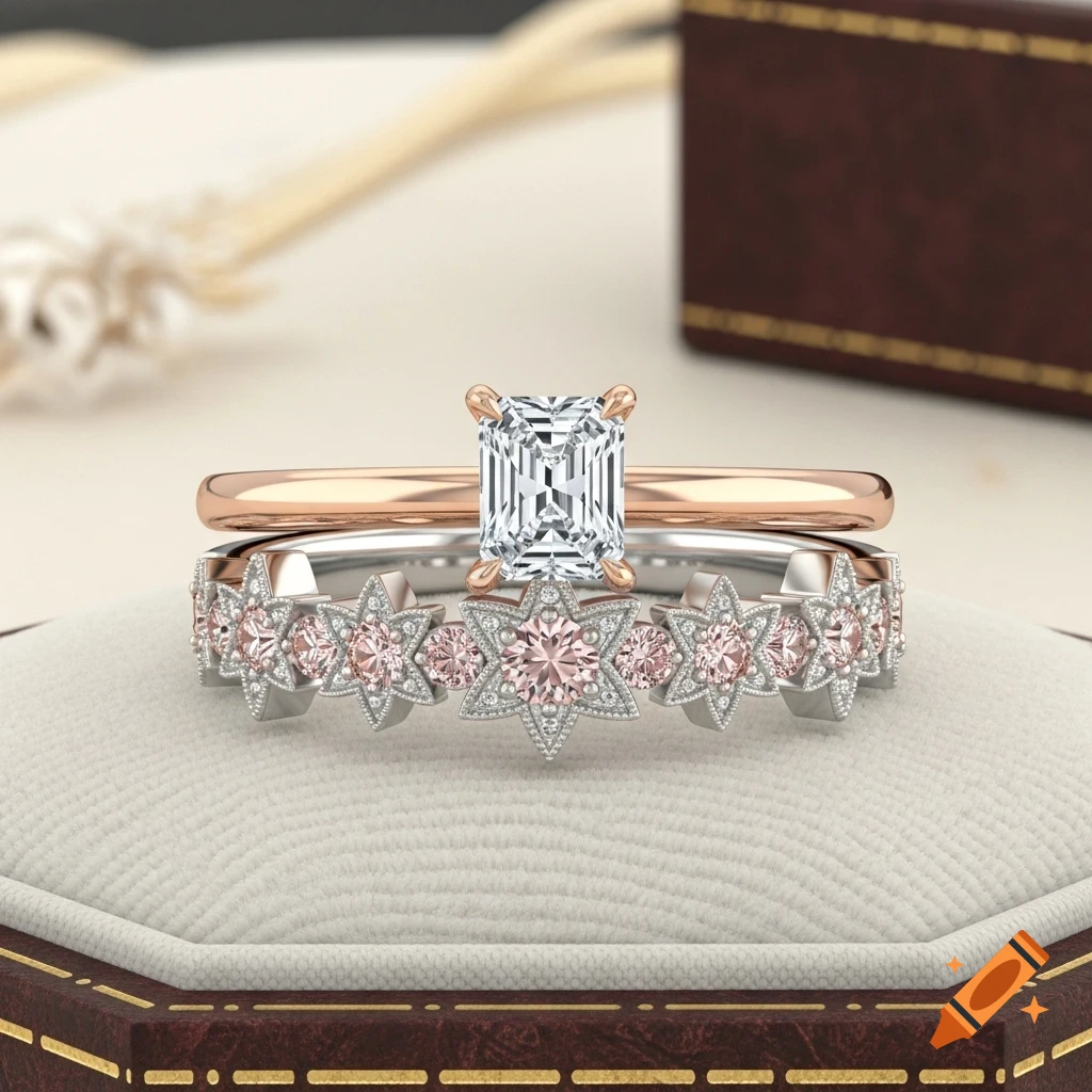 A close-up of a rose gold solitaire engagement ring with an emerald cut diamond stacked above a white gold band with pink starburst-shaped stones.