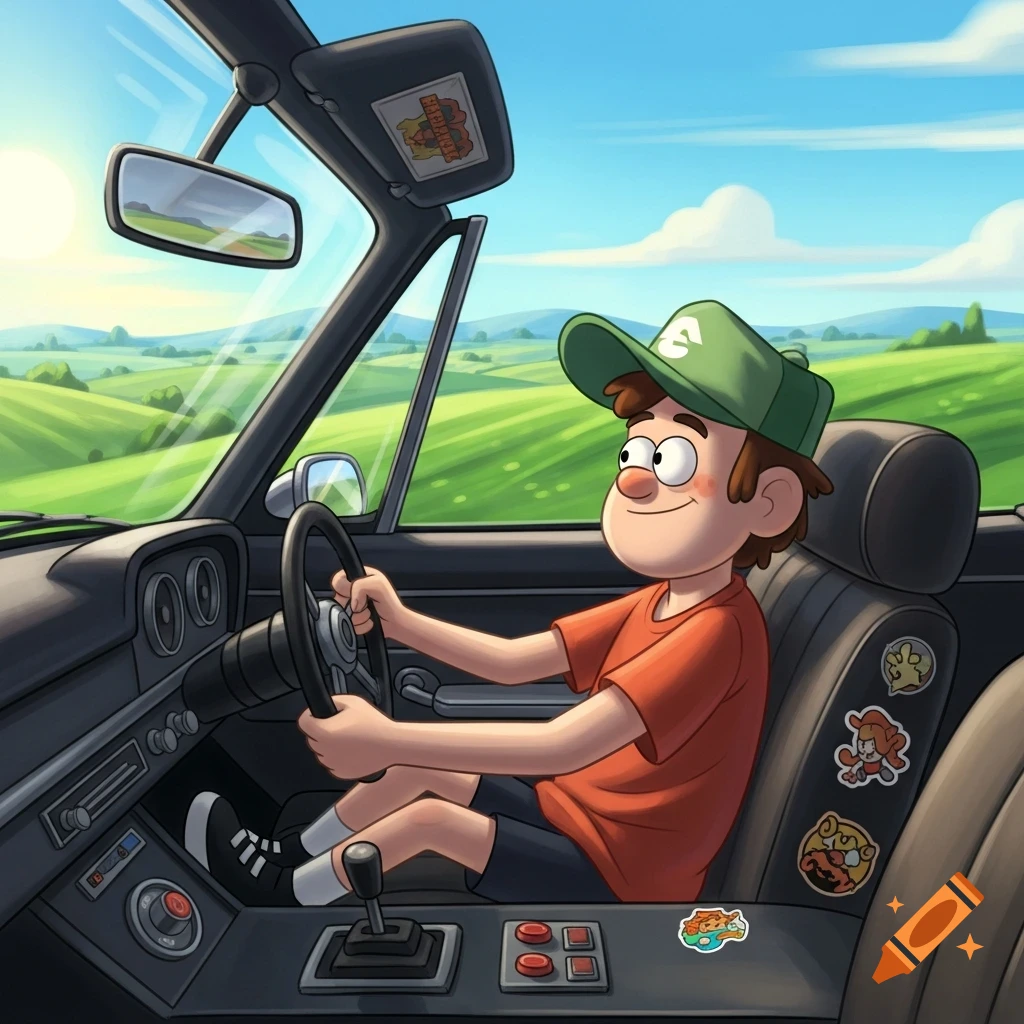 A cartoon boy in a green hat drives a black convertible car through a sunny, green countryside landscape.