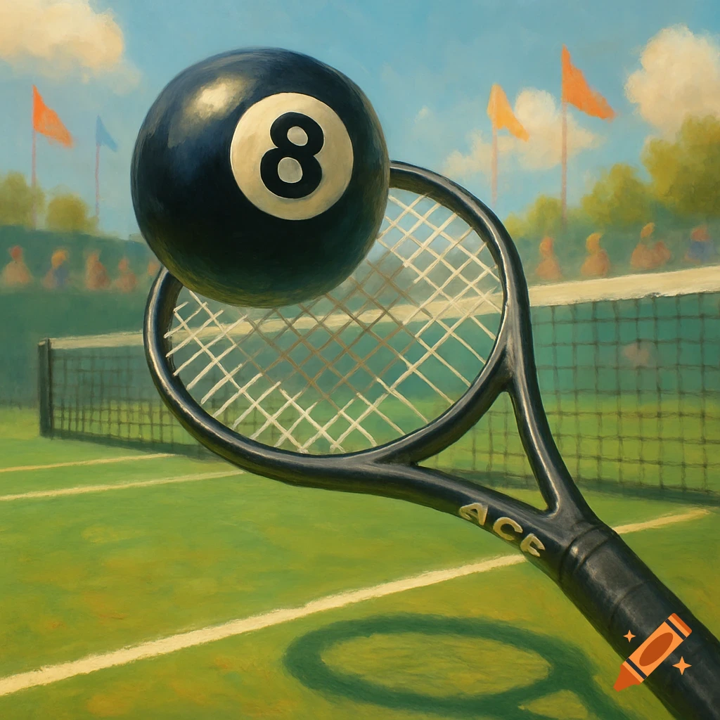 A black 8-ball being hit by a tennis racket with 'ACE' written on it, on a painterly tennis court.