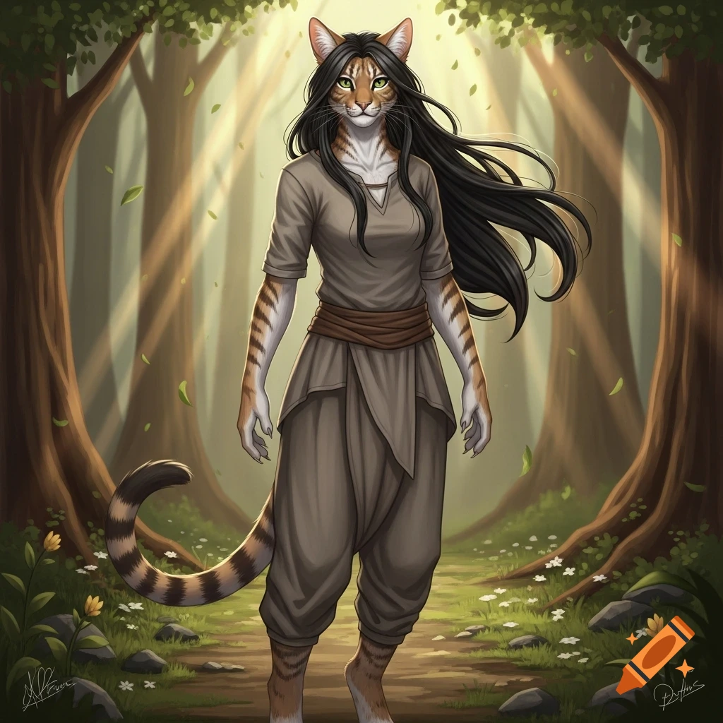 A bipedal female cat with striped fur, long black hair, and emerald eyes, wearing a simple brown tunic and pants, stands on a sunlit forest path.