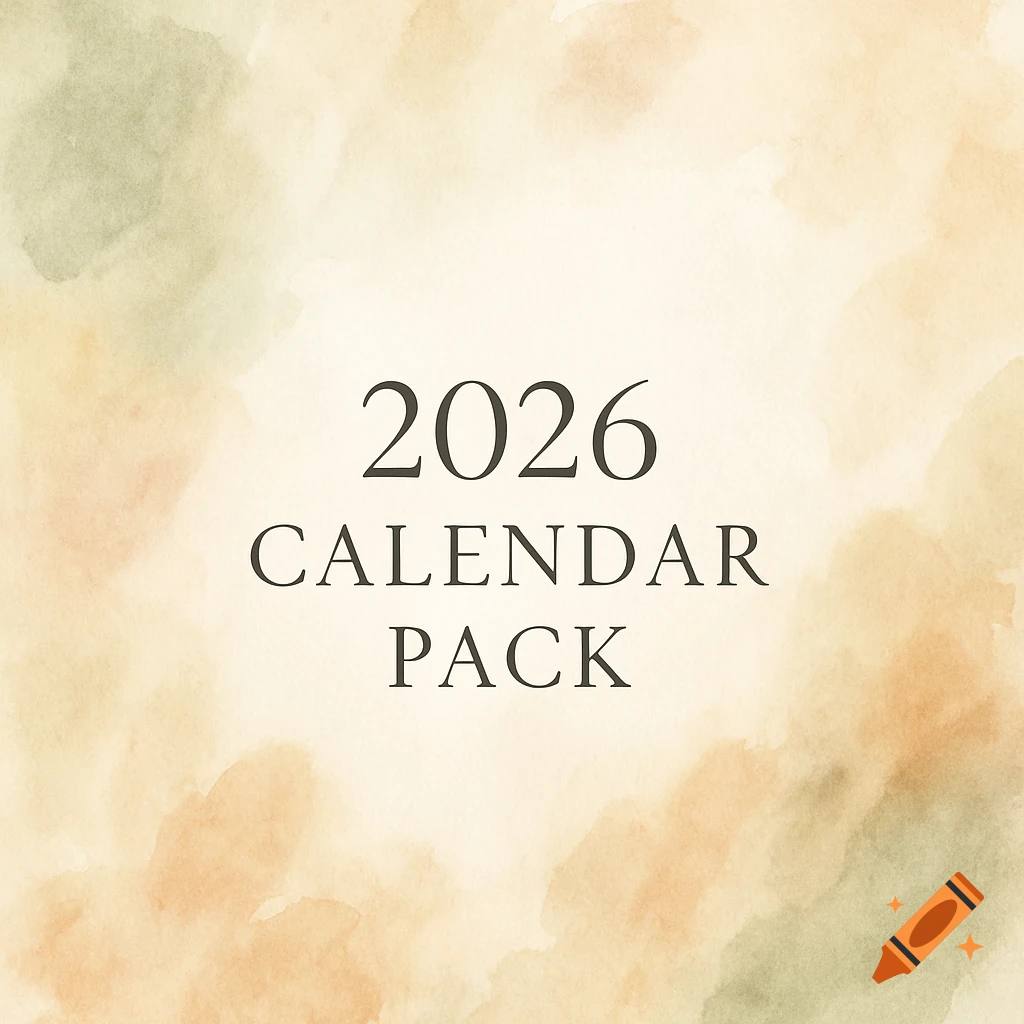 2026 Calendar Pack text on a soft watercolor background with neutral and earthy tones.