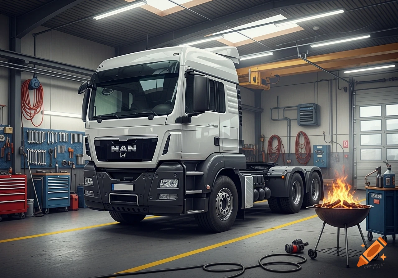 White MAN semi-truck parked in a bright, organized workshop with a tool wall and a lit charcoal grill on the floor.