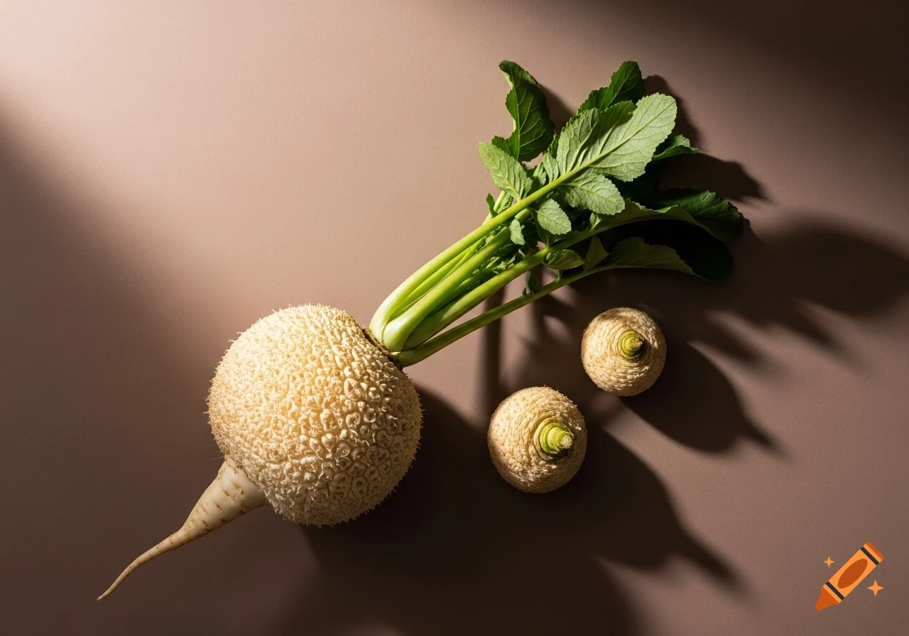A large, textured white root vegetable with green leaves, and two smaller ones, laid diagonally on a muted brown surface with soft lighting.