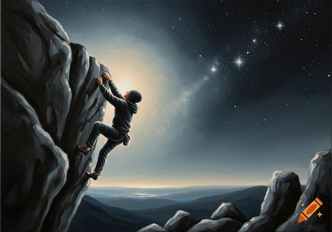 An oil painting depicts a lone climber scaling a dark, rocky peak at night, reaching towards a bright, star-filled sky.
