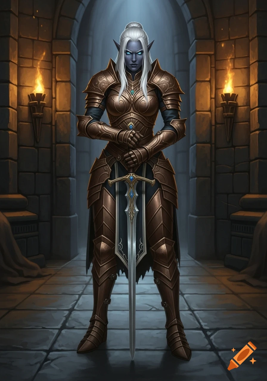 A drow elf warrior in detailed bronze plate armor with white hair and glowing blue eyes stands with a sword in a dungeon hallway. High fantasy art.