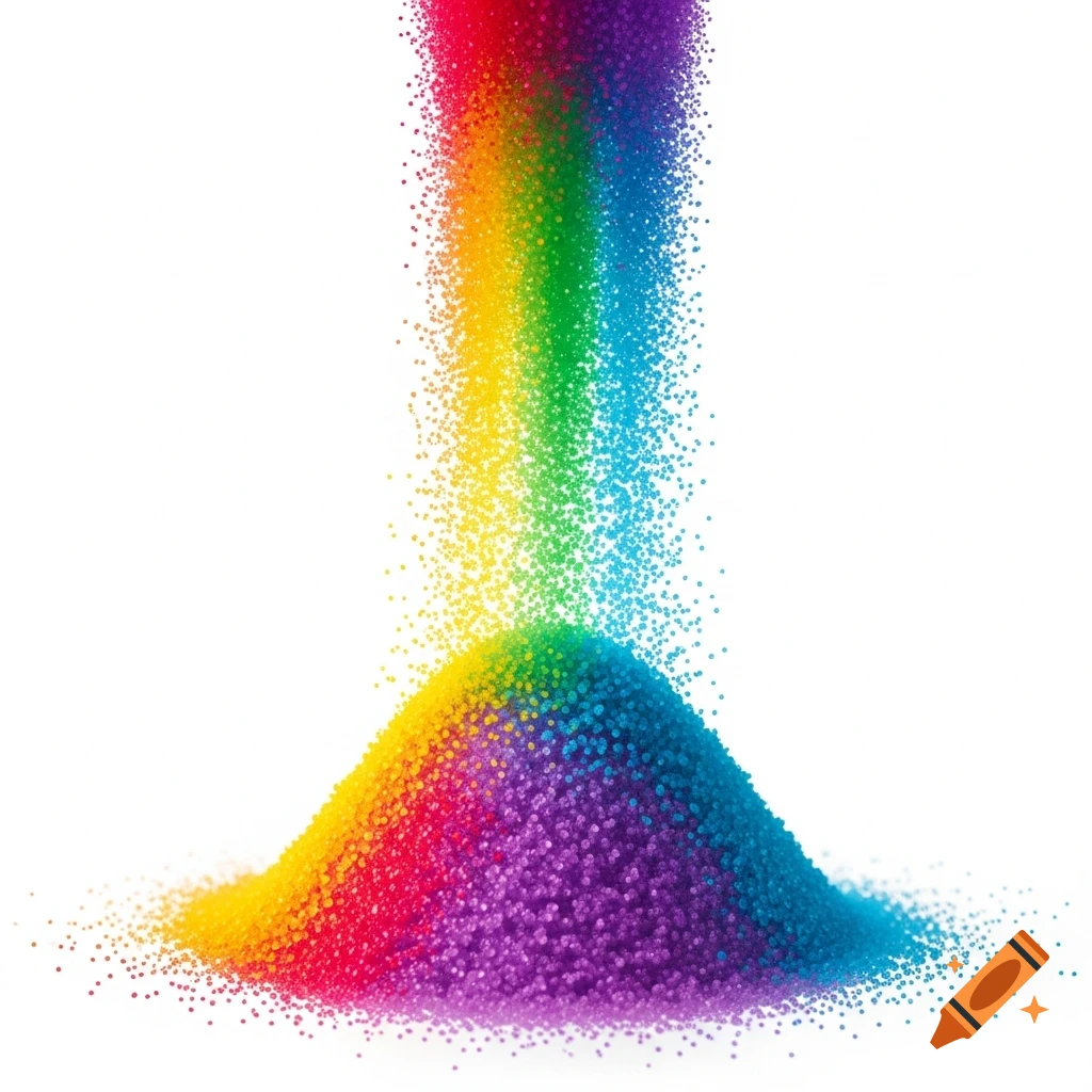 Rainbow colored sugar powder pouring down onto a vibrant pile on a white background.