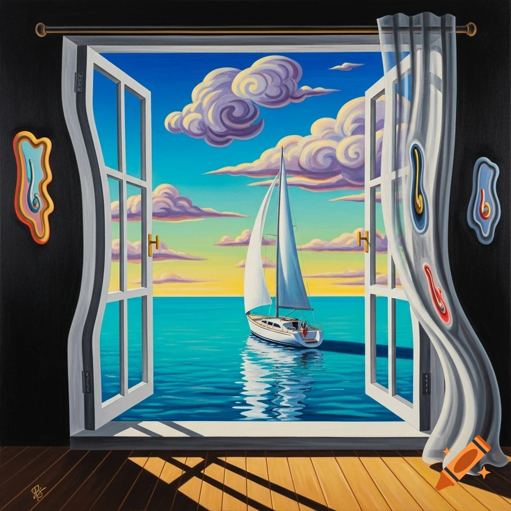 Surreal painting of an open window with melting curtains and decor, overlooking a bright blue ocean with a white sailboat under colorful clouds.