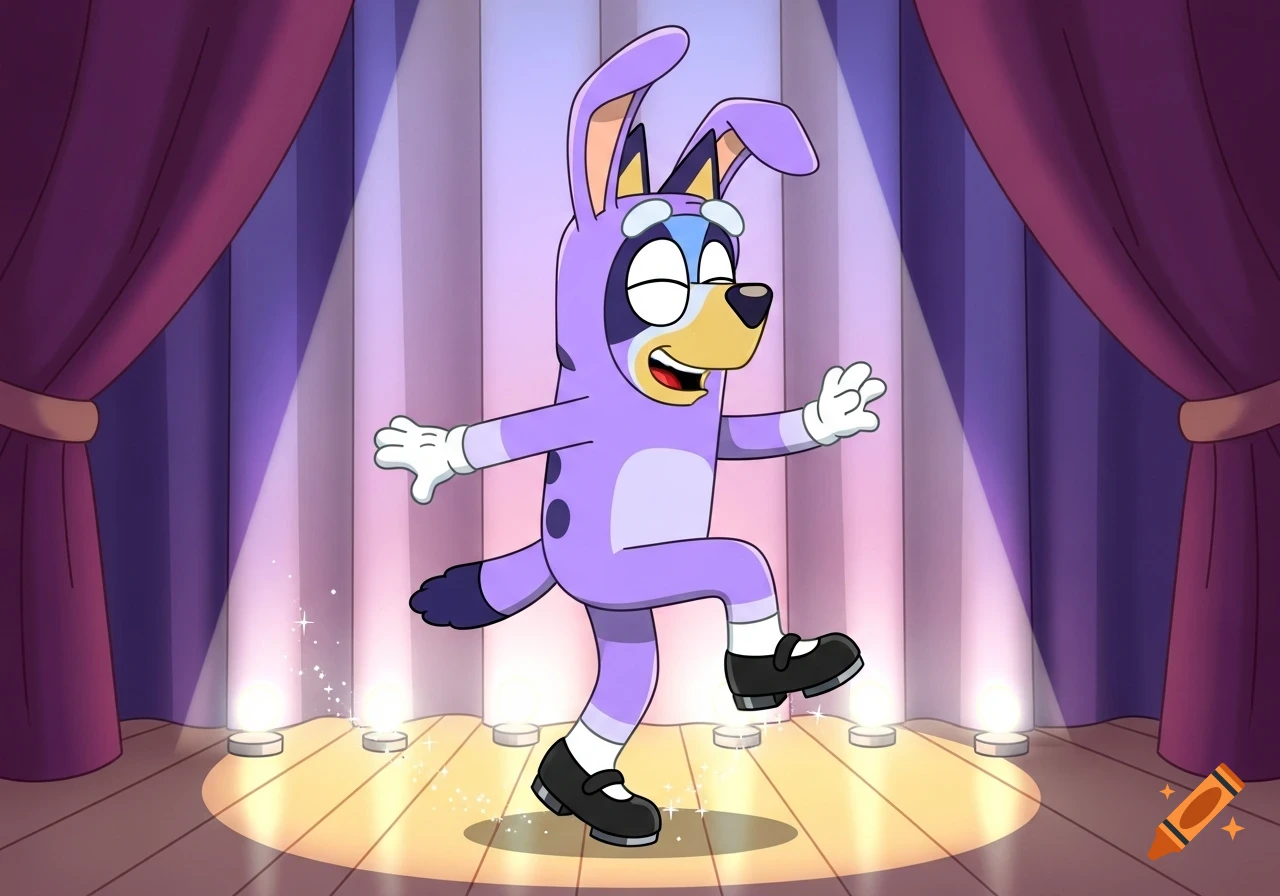 Bluey the dog in a purple rabbit costume tap dancing on a spotlighted stage with purple curtains in a 2D cartoon style.