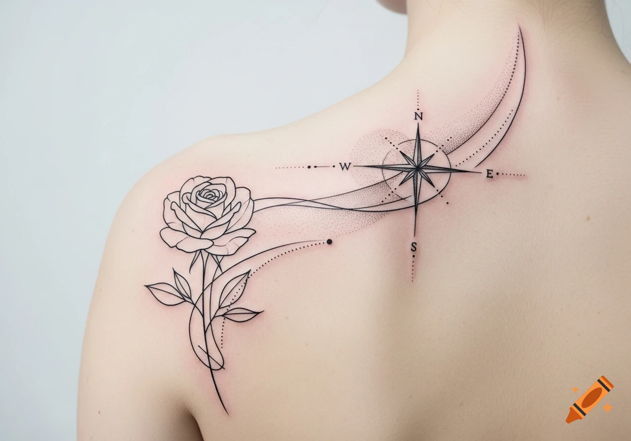 Minimalist fine-line tattoo featuring a rose and a compass with dotwork, on a person's upper back and shoulder.