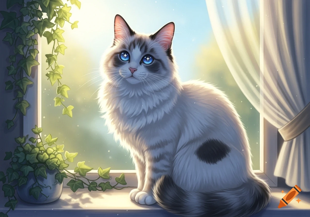 A fluffy white, gray, and black cat with bright blue star-like eyes sits on a sunlit windowsill with ivy.