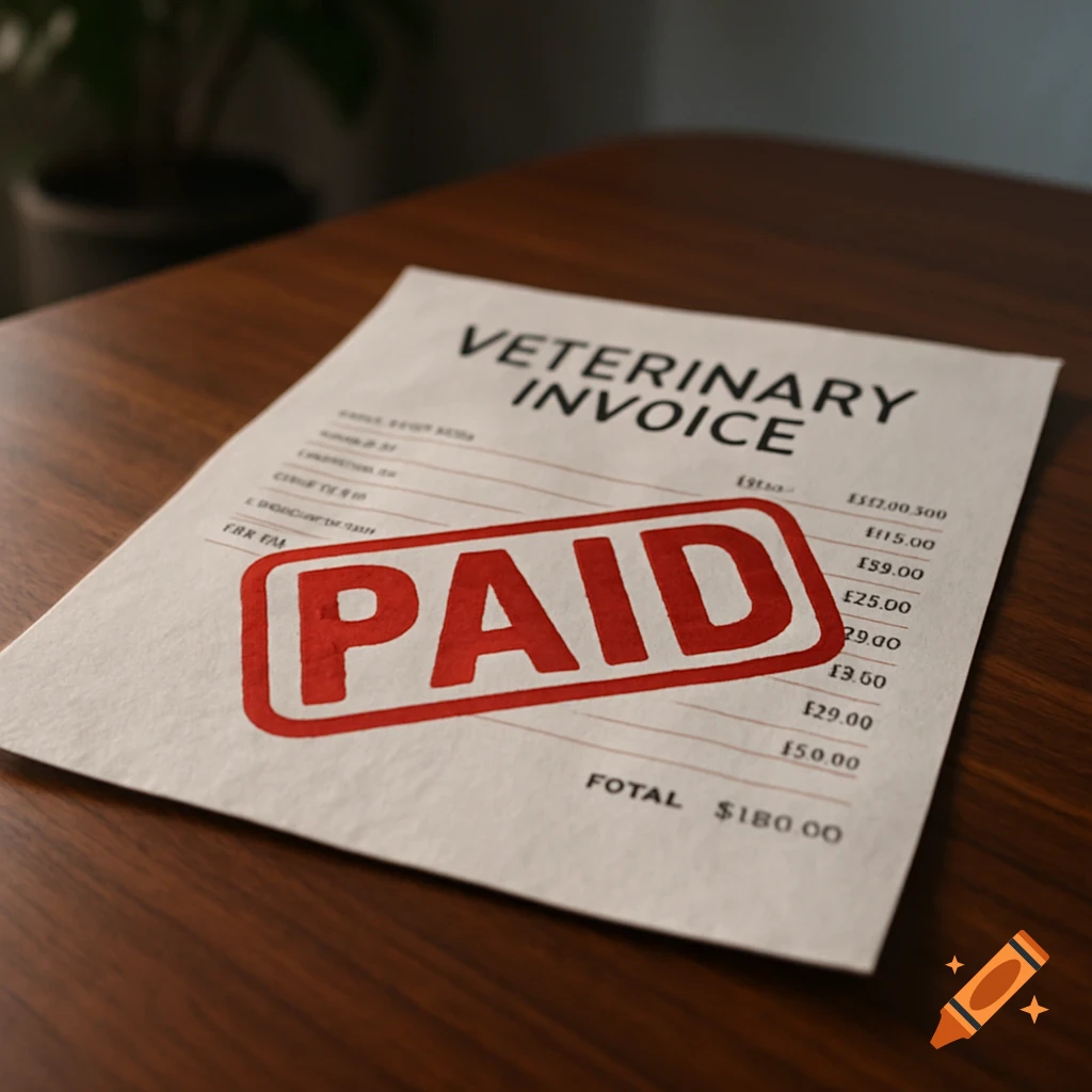 A close-up of a white veterinary invoice with a red 'PAID' stamp on it, resting on a brown wooden desk.