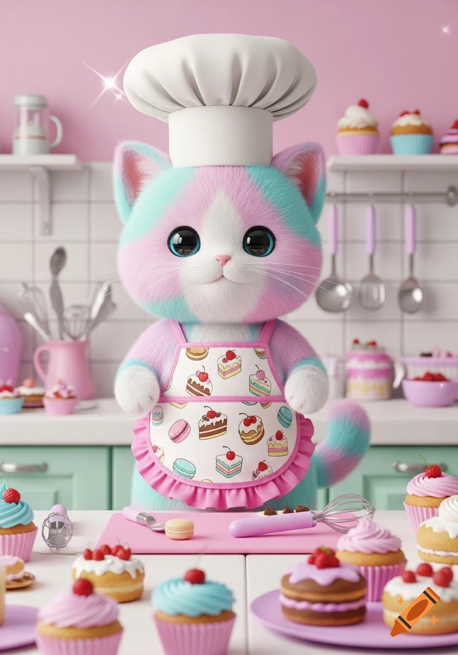 A fluffy, pastel-colored kawaii cat chef with a toque and apron stands in a pink and mint green kitchen, surrounded by cupcakes and pastries.