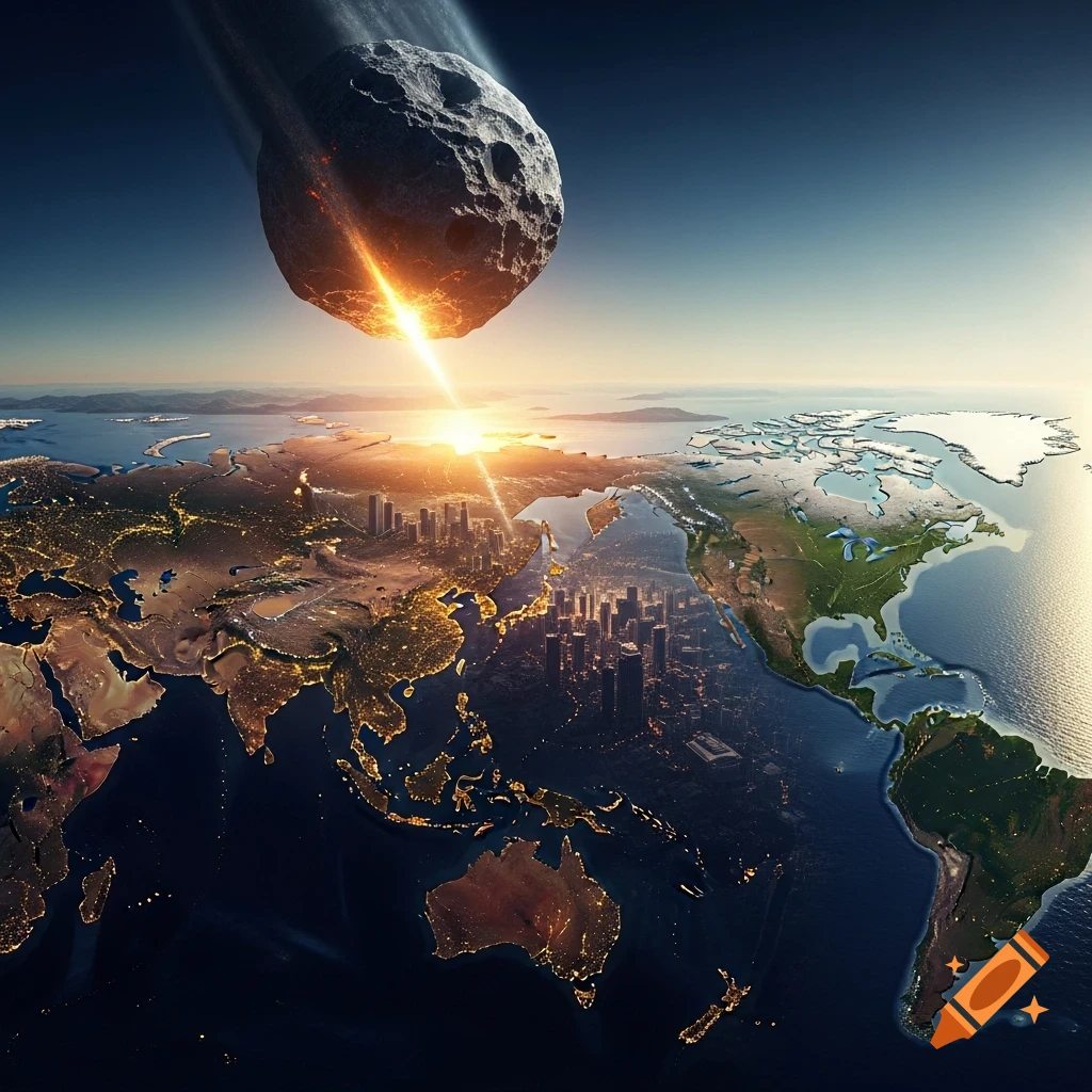 A massive asteroid impacts Earth, creating a fiery streak across the sky and illuminating various continents from space.