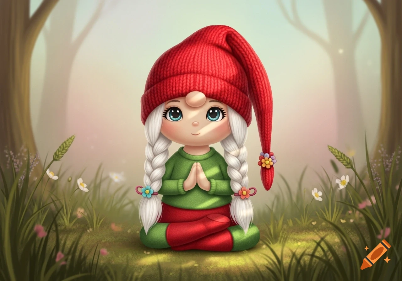A cute cartoon gnome doll with white braids and a red hat sits in a yoga pose amidst grass in a soft forest setting.