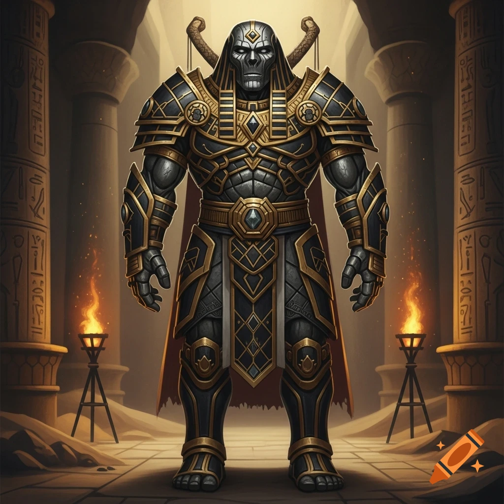 An imposing armored golem with black and gold Egyptian-style armor stands in an ancient temple lit by torches.