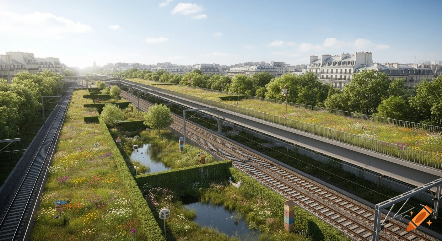 Photorealistic aerial view of an elevated urban park with green spaces, wildflowers, ponds, and railway tracks, surrounded by Parisian buildings.