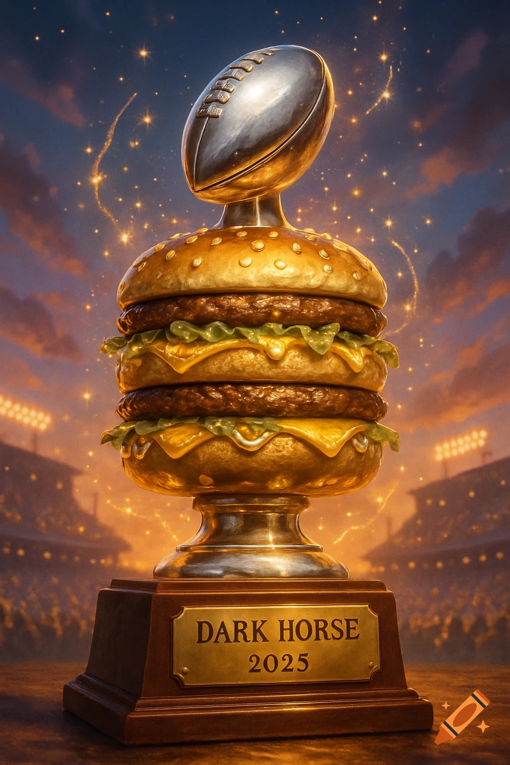 A gleaming golden trophy shaped like a Big Mac hamburger with a football on top, inscribed "DARK HORSE 2025", in a stadium.