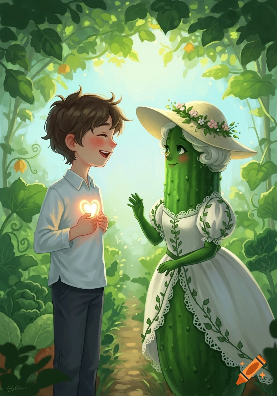Whimsical illustration: a boy with a glowing heart looks at a smiling pickle woman in a dress and hat in a green garden.