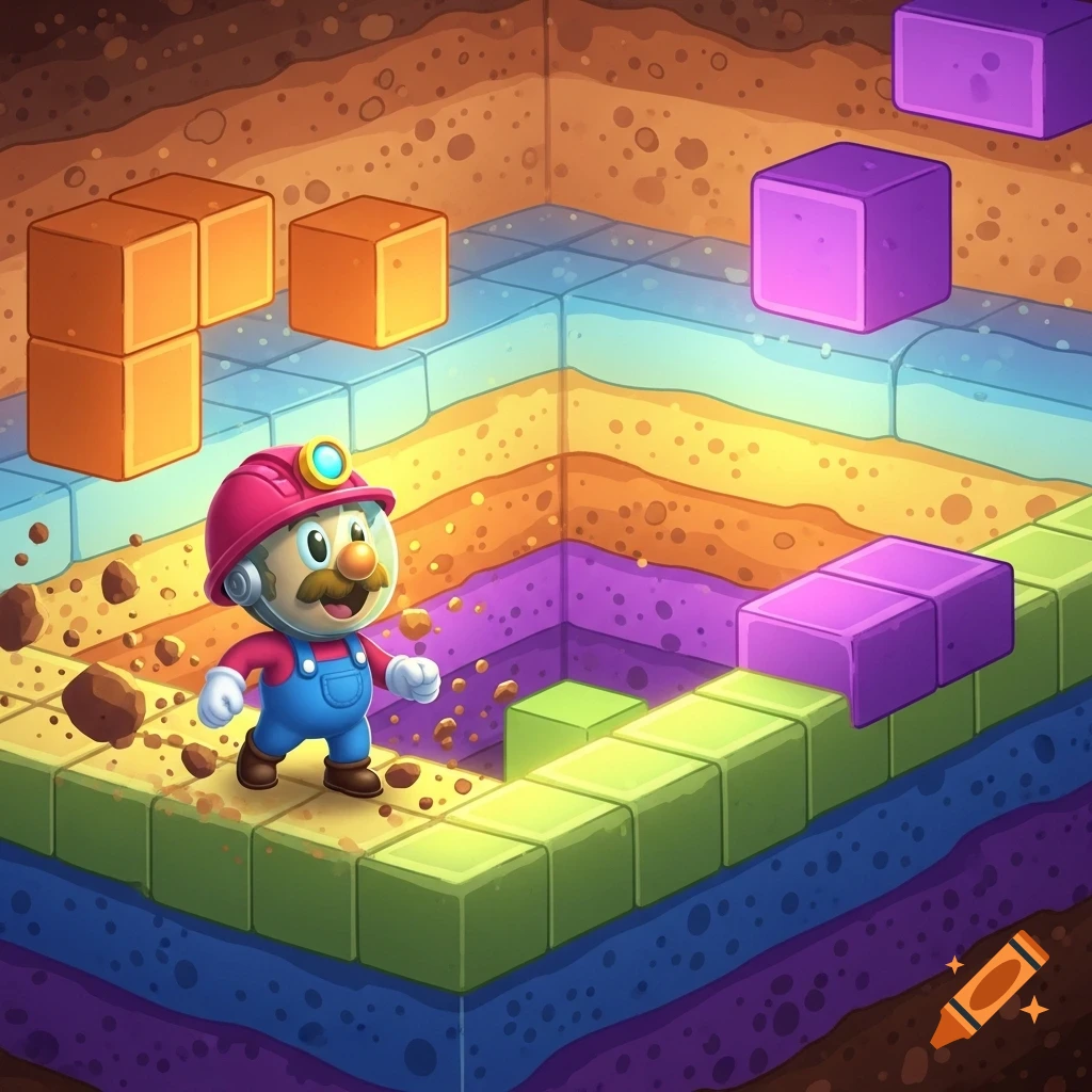 A cartoon miner character in a red helmet and blue overalls stands on green blocks in a colorful isometric underground setting with orange and purple blocks.