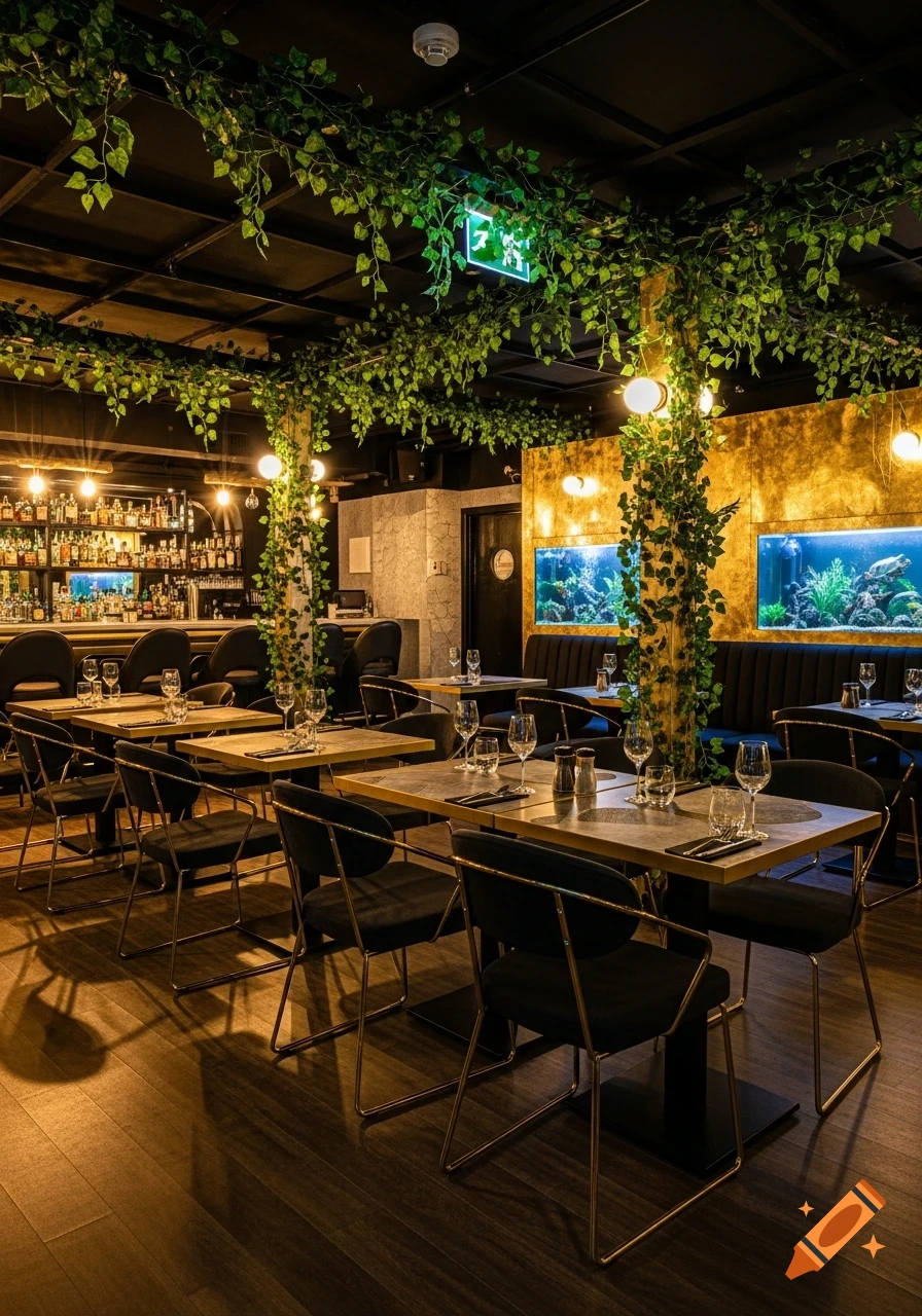 A stylish restaurant and bar interior featuring many tables with chairs, a fully stocked bar, hanging ivy, and two large aquariums set into a gold-textured wall.