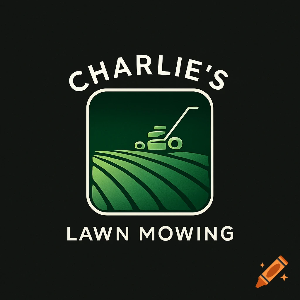 Logo for Charlie's Lawn Mowing featuring a green lawnmower on a stylized field within a rounded square, with white text.