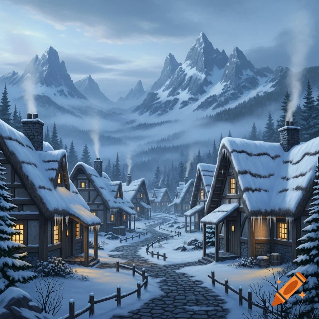 A serene winter village nestled in snowy mountains, with a winding path and cozy houses under a cloudy sky.